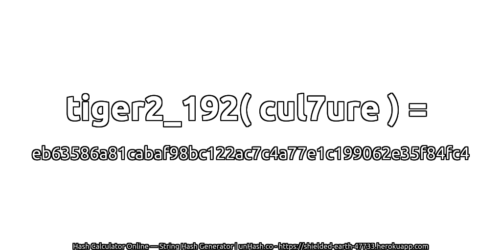 tiger2_192( cul7ure ) = eb63586a81cabaf98bc122ac7c4a77e1c199062e35f84fc4 | unHash.co